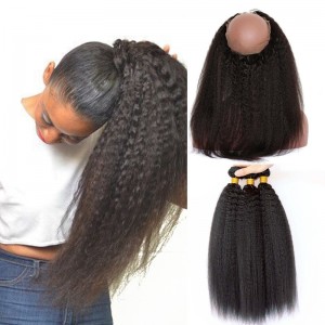 360 Frontal Closure With 2 Bundles Brazilian Virgin Hair Kinky Straight 360 Lace Frontal Closure Coarse Yaki