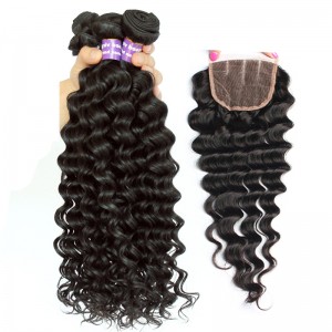 Brazilian Virgin Hair with Closure Deep Wave 3 Bundles with 1 closure Natural Color