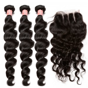 Brazilian Virgin Human Hair Extensions Loose Wave 3 Bundles with 1 closure Natural Color Body Wave