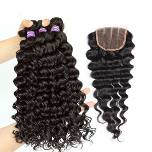 Peruvian Virgin Hair Deep Wave Hair Extensions Free Part Lace Closure with 3pcs Weaves