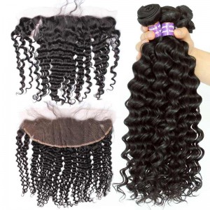 Lace Frontal Closure With 4Pcs Hair Bundles Brazilian Virgin Hair Deep Wave