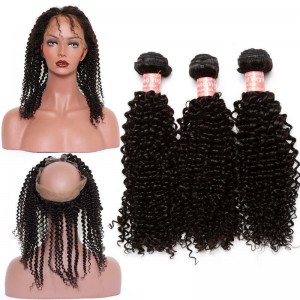 360 Lace Frontal Closure Kinky Curly With 3 Bundles Brazilian Virgin Hair 360 Lace Band