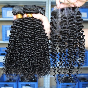 Indian Virgin Hair Kinky Curly Free Part Lace Closure with 3pcs Weaves