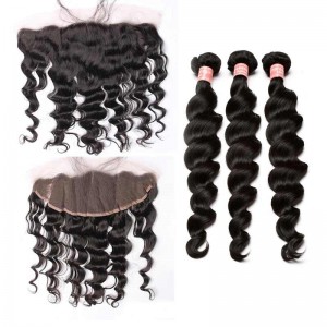 Natural Color Loose Wave Brazilian Virgin Hair Lace Frontal Free Part With 4 Bundles