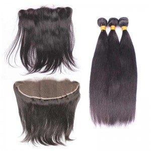 Natural Color Brazilian Virgin Hair Silky Straight Lace Frontal Free Part With 3pcs Weaves