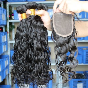 Mongolian Virgin Hair Wet Water Wave Three Part Lace Closure with 3pcs Weaves