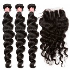 Brazilian Virgin Human Hair Loose Wave 3 Bundles Hair With 1 Lace Closure Natural Color