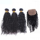 Brazilian Virgin Hair Kinky Curly Silk Base Closure With 3Pcs Hair Weaves Natural Color