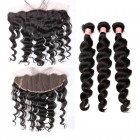 Natural Color Loose Wave Brazilian Virgin Hair Lace Frontal Free Part With 3pcs Weaves