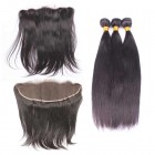 Natural Color Silky Straight Malaysian Virgin Hair Lace Frontal Closure With 3Pcs Hair Bundles