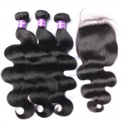 Brazilian Virgin Human Hair 3 Bundles Hair With 1 Lace Closure Natural Color Body Wave 