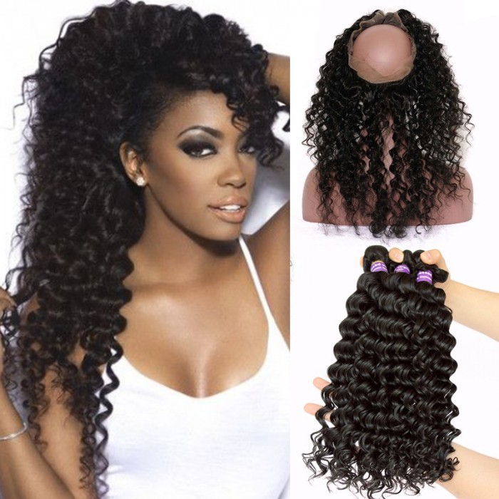 360 Lace Frontal Band Brazilian Virgin Hair Deep Wave 360 Circle