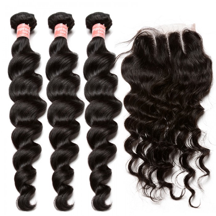 Brazilian Virgin Human Hair Extensions Loose Wave 3 Bundles With 1