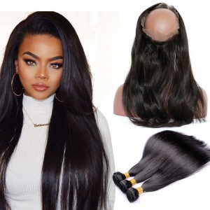 360 Frontal Closure With 3 Bundles Straight Brazilian Virgin Hair 360 Lace Band 